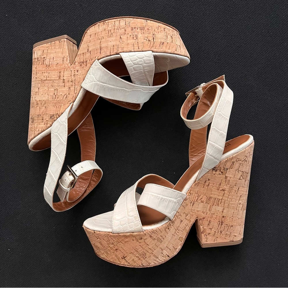 PARIS TEXAS CORK WEDGE PLATFORM WHITE LEATHER SANDALS SZ 41/11 $459 - Picture 2 of 6